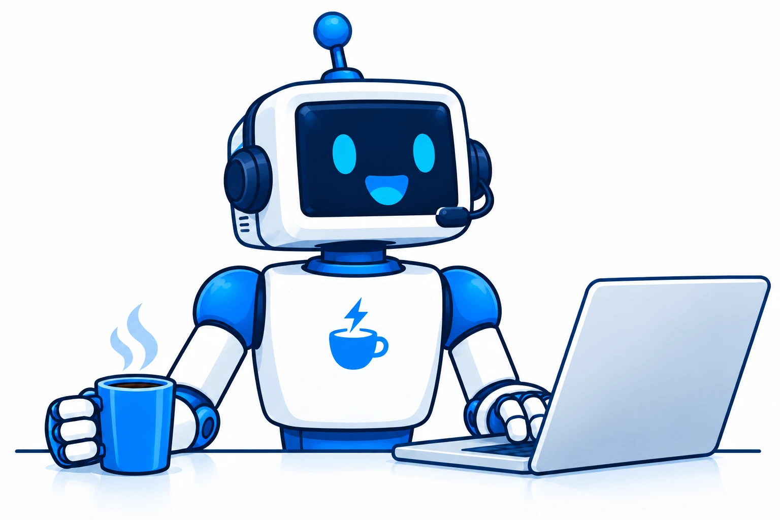 Our blue-and-white robot receptionist, talking through a headset with coffee on the desk and a hand at his laptop.
